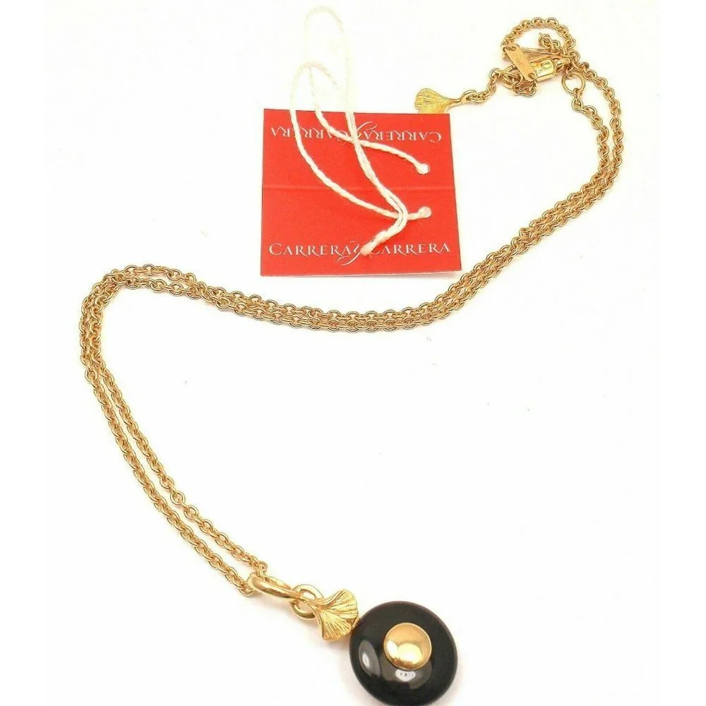 New! Authentic Carrera Y Carrera 18k Yellow Gold Ginkgo Onyx Pendant Necklace​